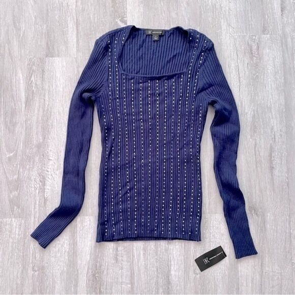 INC International Concepts Tops - Blue Square Neck Stone Studded Top S